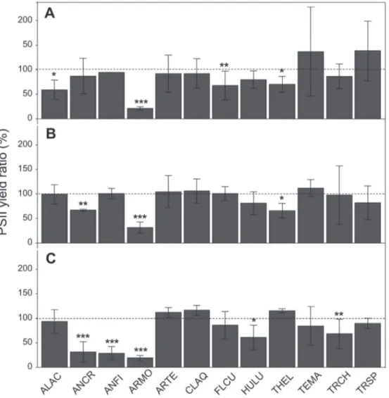 Fig. 2. PSII yield of F. saprophila (A), G. parvulum (B) and N. palea (C) after exposure to twelve aquatic hyphomycete culture cores, measured by PAM ﬂuorimetry and expressed as % of PSII yield in control (Test 1)