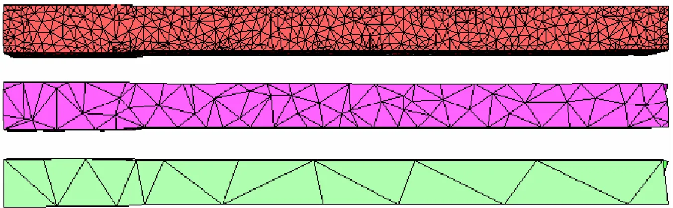 Figure 1-18 : Maillage fin : 53 600 noeuds (haut), maillage intermédiaire : 3185 noeuds  (milieu), maillage grossier : 275 nœuds (bas)  