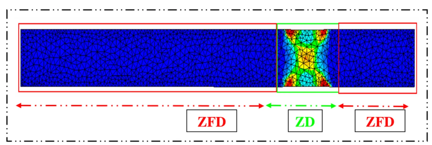 Figure 3-3 : Zone de Déformation (ZD), et Zone de Faible Déformation (ZFD) sur le  problème de martelage (vue de face) 