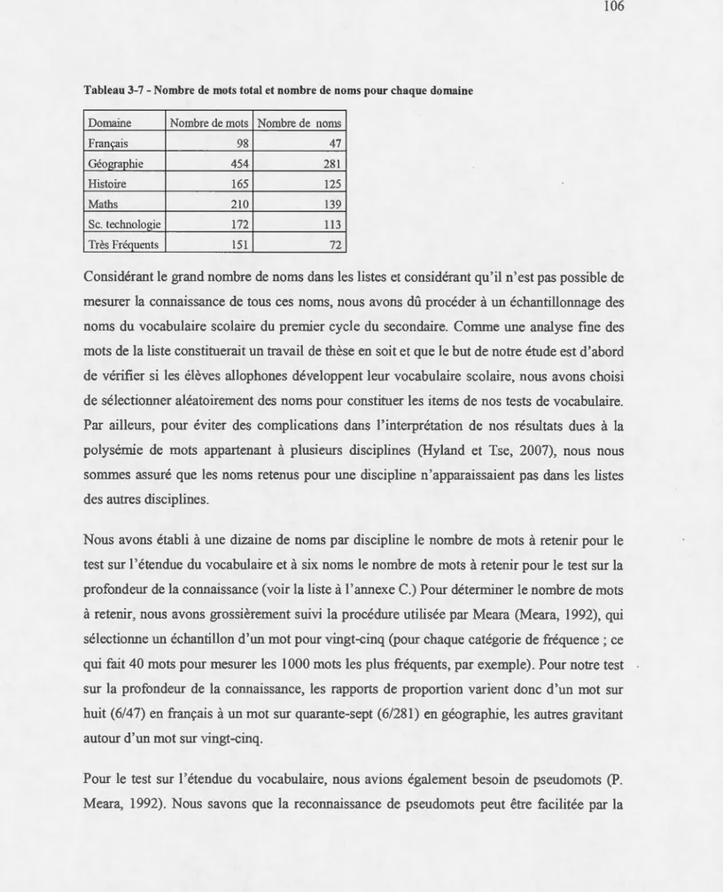 Tableau 3-7- Nombre  de  mots total  et  nombre de  noms pour chaque domaine  Dom a ine  Nombre  de  mots  Nombre  de  nom s 