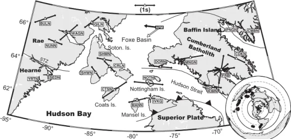 Fig. 9. Shear wave splitting parameters (arrows) and null results (solid lines) from HuBLE-UK and neighbouring POLARIS stations (triangles) in northern Hudson Bay from the study of Bastow et al