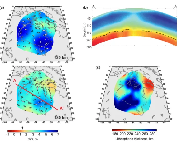 Fig. 12. (a) Depth slices through the anisotropic surface-wave tomographic model of Darbyshire et al