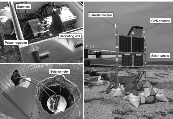 Fig. 4. HuBLE-UK remote station construction. 20 – 40 W solar panels on a steel frame re-charged 3 × 100 A h batteries that powered the seismometer and recording equipment