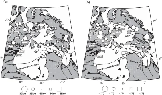 Fig. 6. Crustal thickness (a) and V p /V s ratio (b) in the Hudson Bay region determined using the method of Zhu &amp;