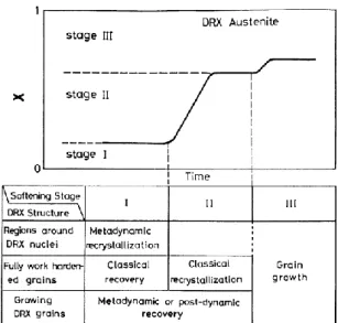 Figure 2-25 Schematic illustration showing the relation between each of the softening stages and restoration  process operated mainly after DRX [100] 