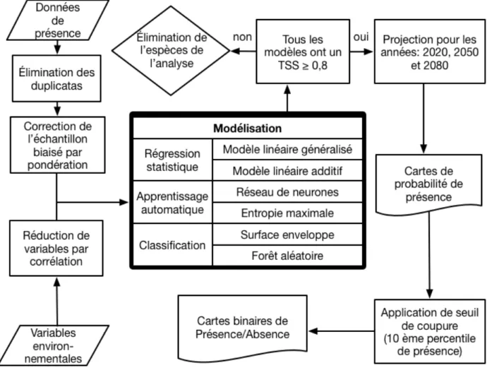 Figure  3.  2:  Organigramme  méthodologique  adopté  pour  la  modélisation  de  la  répartition  géographique  des  vecteurs  de  leishmaniose  dans  le  Bassin  Méditerranéen  à  la  lumière  du  changement climatique