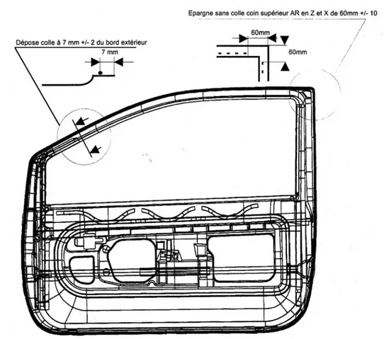 Figure I - 7 : Exemple de zone et longueur de colle nécessaire au collage d'une portière