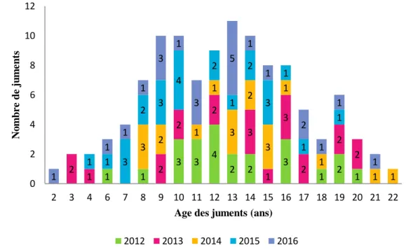 Figure 5 : Distribution des juments inclues dans l’étude en fonction de leur âge sur la période de 2012 à 2016 