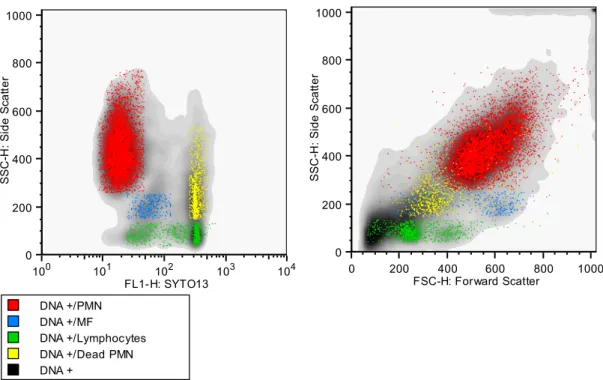 Figure 5 :  Données FACS du lait d’une chèvre de notre étude, obtenues après  marquage par SYTO 13®  