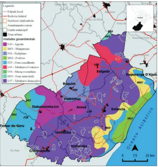 Figura 1. Território Rural Sul Sergipano com representação de informações cartográficas básicas (estra- (estra-das, municípios e zonas urbanas), Territórios Quilombolas, Assentamentos Rurais e unidades  geo-ambientais