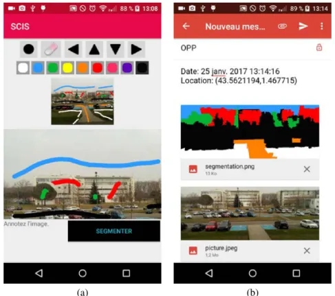 Figure 2. Application mobile : (a) segmentation et (b) envoi du résultat