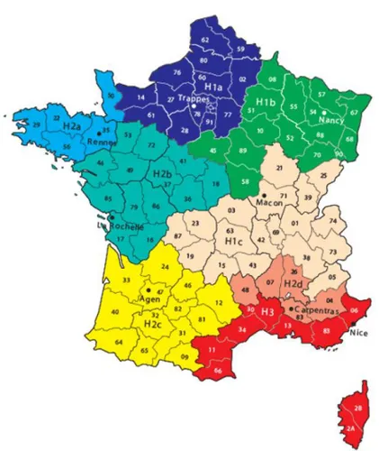 Figure 1. 13 : Cartes de la répartition des zones climatiques sur le territoire  français selon la RT 2012 (CSTB, 2011) 