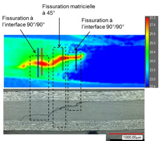 Figure 3-29 – Comparaison des suivis des endommagements par caméra thermique et par  micrographie post-mortem 