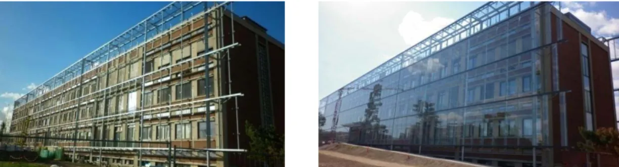 Figure 1.11. Construction d’une façade double peau vitrée dans le campus de l’Université de Bordeaux, sans  vitrages (à gauche) et avec vitrages (à droite)