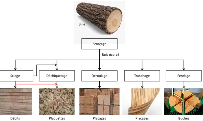 Figure 1.7 : Usages du bois dans la première transformation. La trituration est omise