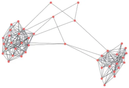 Fig. 1. Here we can easily identify two clusters and 5 nodes weakly linked to them, but we cannot clearly establish which of these 5 nodes is in which cluster.
