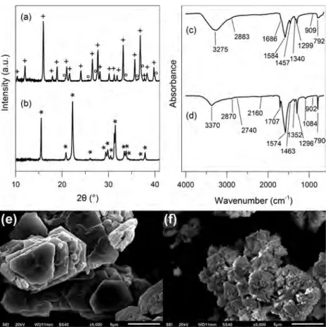 Figure 1. XRD patterns, IR spectra, and SEM images of OxBi(1) (a, c, e) and OxBi(2) (b, d, f)