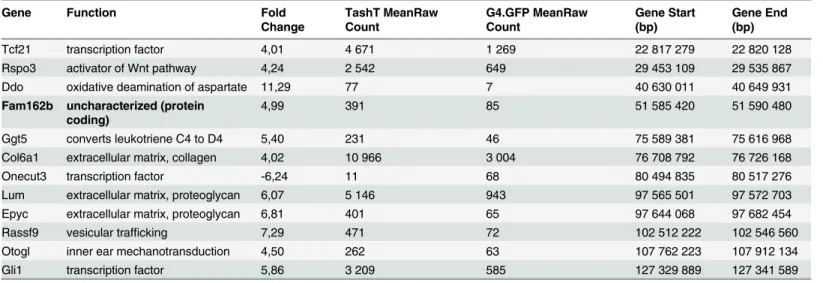 Table 4. Chromosome 10 most significantly deregulated genes in e12.5 TashT Tg/Tg eNCC.