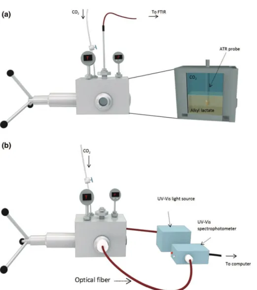 Fig. 1 Setup used in FTIR (a) and UV–Vis (b) determinations showing the high-pressure view cell coupled to the respective spectrophotometers