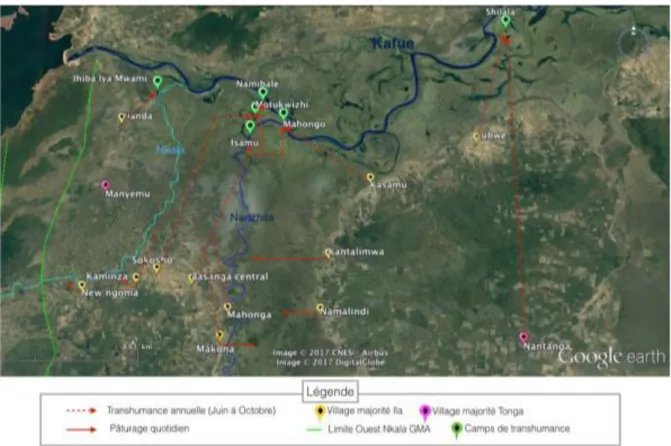 Figure  3:  Carte  montrant  les  mouvements  liés  à  la  transhumance.    Source  Wilfrid  Wambeke,  Google  Earth, cartographie participative.