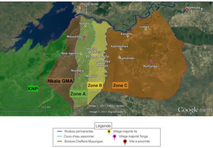 Figure  5  :  Cartes  montrant  le  découpage  de  la  chefferie    en  3  zones  géographiques  (Source  Wilfrid  Wambeke, Google Earth) 