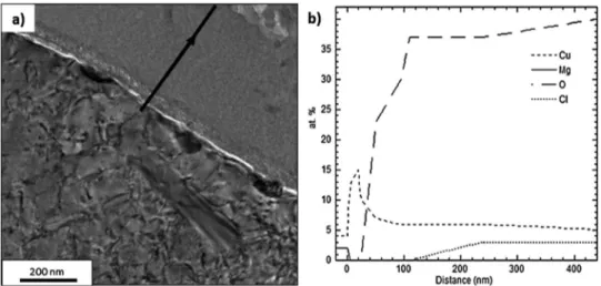 Fig. 4. LAADF STEM image (a) and EDX line proﬁle (b) of the interface alloy/intergranular corrosion defect.