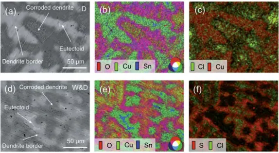 Fig. 3. SEM observation and X-ray intensity maps of surface aged by dropping (aec) and W&amp;D (def): (a) and (d) BSE images; (b) and (e) Composite X-ray map image (O in green, Cu in magenta and Sn in blue) showing that the corrosion mainly affects the den