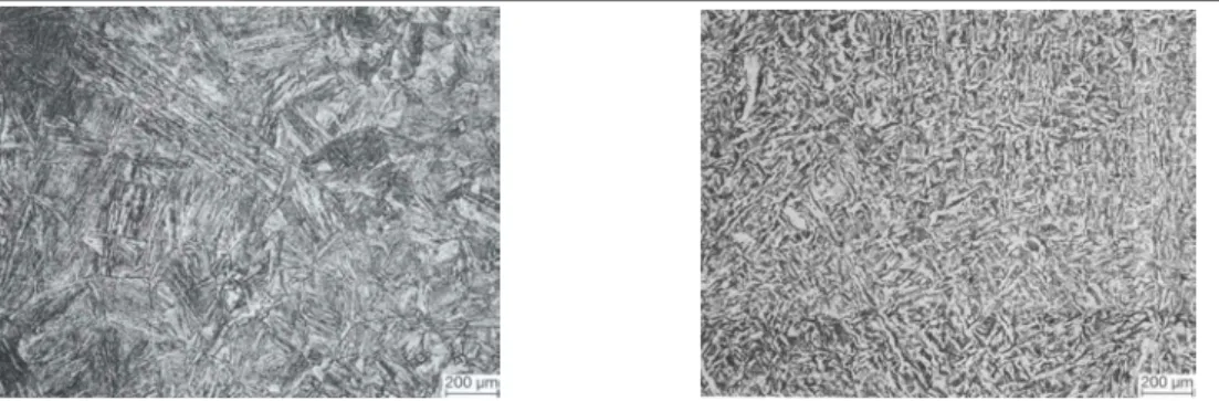 Figure 17 : Structures bainitiques d’un acier a) 6MnCrB5 trempé à l’eau et b) 35MNV7 trempé à l’air  [AUCLAIR-1997] 