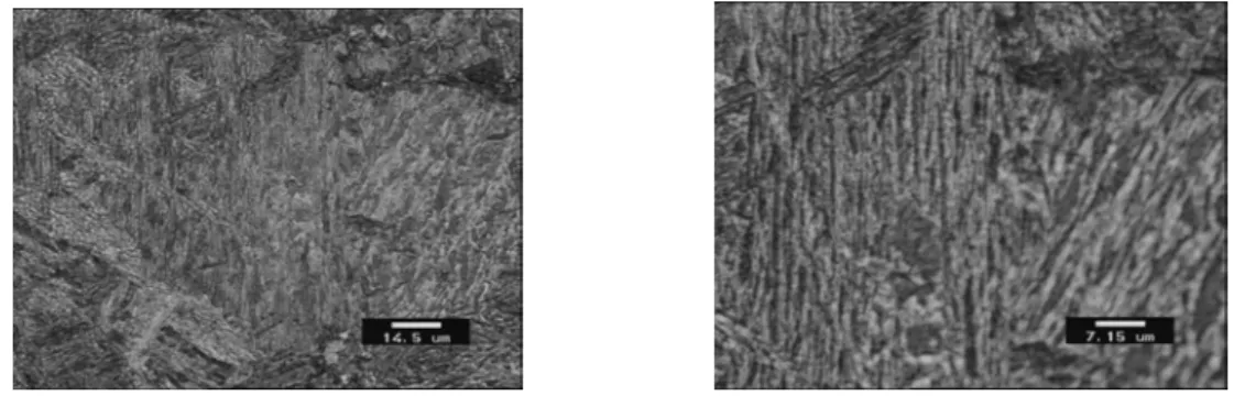 Figure 47 : Microscopie optique suite à une trempe à l’eau (dureté 381HV) à deux échelles différentes 