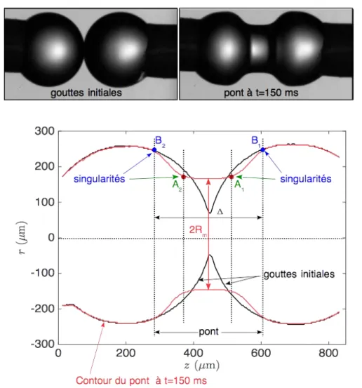 Figure 1: Image et contour correspondant détecté, à t = 0 juste avant la rupture des interfaces (contour en noir), et à t = 150 ms, pendant la phase d’expansion du pont (contour en rouge)