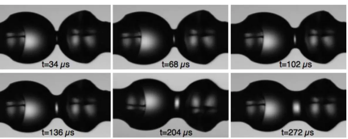 Figure 6: Images extraites d’un film de coalescence entre deux gouttes de PDMS 5cP, de rayons R 1 = 310 µ m, R 2 = 320 µ m, soit un rayon moyen R = 315 µm