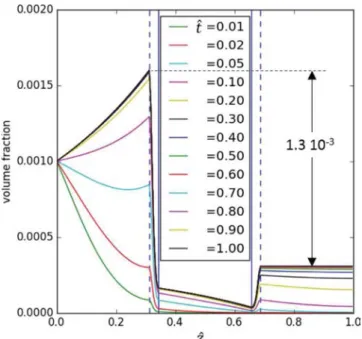 Fig. 4. Time variations of the proﬁles of colloids volume fraction. The volume fraction is plotted as a function of the dimensionless distance, zˆ , through the boundary layer, the exclusion layers (between the dashed and full vertical lines) and the membr