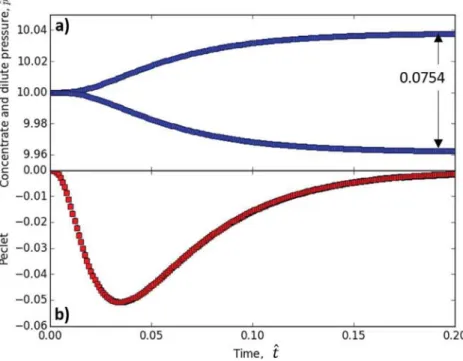 Fig. 7. a) The variation of the pressure in the concentrate and dilute side due to the liquid level changes induced by the osmotic ﬂow