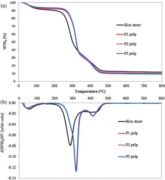 Fig. 8. TGA (a) and dTGA (b) curves of rice straw and TMP.