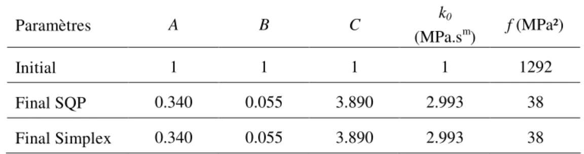 TAB. 3.2  -  Identification de la consistance : résultat de l’optimisation  