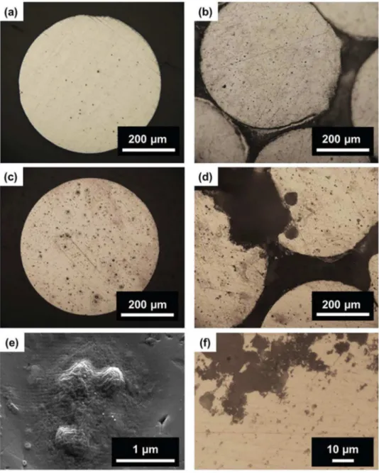 Fig. 2. Optical microscope (OM) observations of the strand and of the cable after: (a, b) 3 h of immersion and (c, d) 168 h of immersion at E corr in 0.1 M Na 2 SO 4 + 0.001 M NaCl.