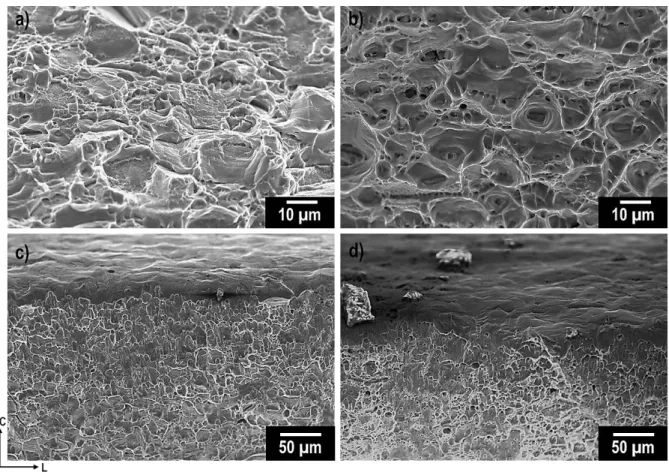 Figure III- 9 : Faciès de rupture de l’alliage 7046 à l’état T7-5 au cœur (a) et en bord (c) et à l’état T7-48 au cœur (b) et en peau (d)