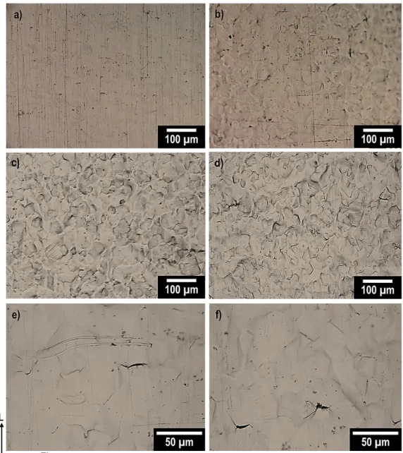 Figure III- 12 : Evolution de la surface de l’alliage 7046-T4 soumis à différents taux de pré-écrouissage : 3 % (a), 7 % (b), 10 % (c et e) et 14 % (d et  f)