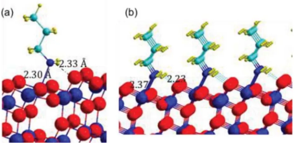 Fig. 8. Most stable configurations obtained for PPA adsorbed on anatase (101) TiO 2 surface at a) 0.25 ML and b) 1 ML