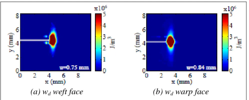 Figure 7: Comparison of the damaged zones size (a) weft face and (b) warp face before the crack  propagation 