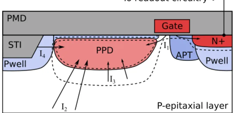 Fig. 3. TCAD doping distribution of the 4T simulated PPD showing the dif- dif-ferent layers: PPD, Transfer Gate (TG), Reset Gate (RS), Pwell implantation, Anti-Punch Through (APT) implantation