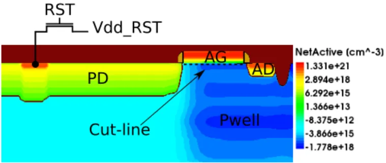 Fig. 7. TCAD doping distribution of the conventional simulated photodiode showing the different layers: PD, Adjacent Gate (AG), Adjacent Drain (AD), Pwell implantation
