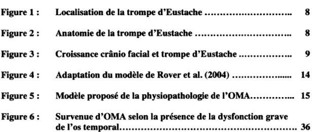 Figure 1:  Localisation de la trompe d'Eustache •.•.••.•••••..•.•••.••..••.•.  8  Figure 2:  Anatomie de la trompe d'Eustache •..•.•.••.•••.........•.•.••••••  8  Figure 3:  Croissance crânio facial et trompe d'Eustache ....•..•••••••••••  9  Figure 4:  Ad