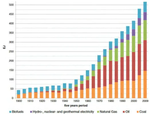 Figure I.2: The evolution of the energetic production during the 20 th  century: a great dependency on 