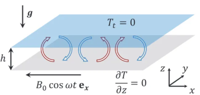 FIG. 1. Studied configuration: an unbounded horizontal layer of liquid metal confined by two walls