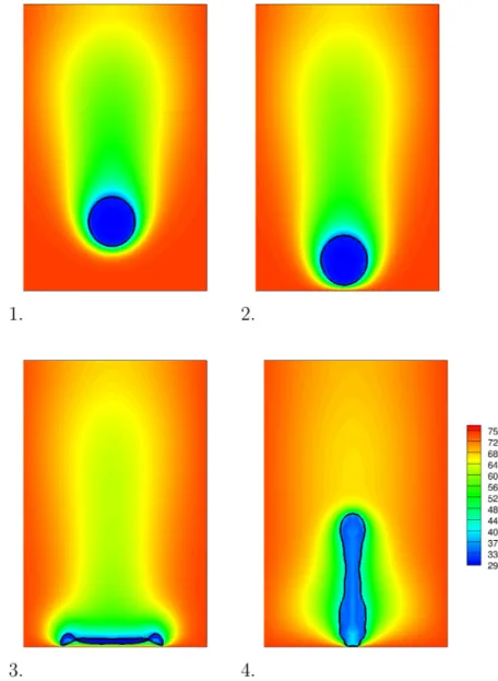 Fig. 15. Temperature field and interface evolution during the droplet interaction with the hot surface with We ¼ 25:2.