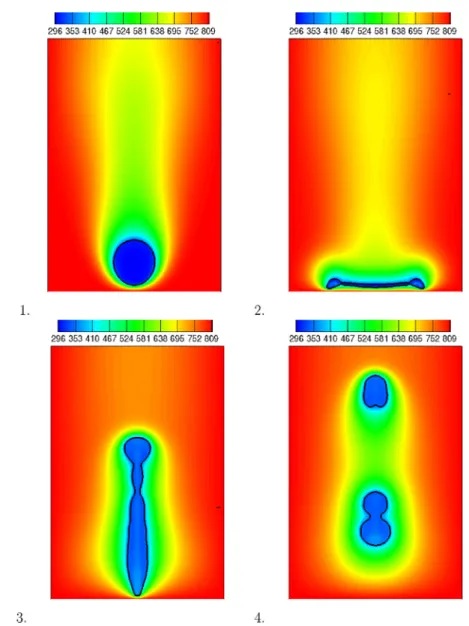 Fig. 16. Temperature field and interface evolution during the droplet interaction with the hot surface with We ¼ 44:8.
