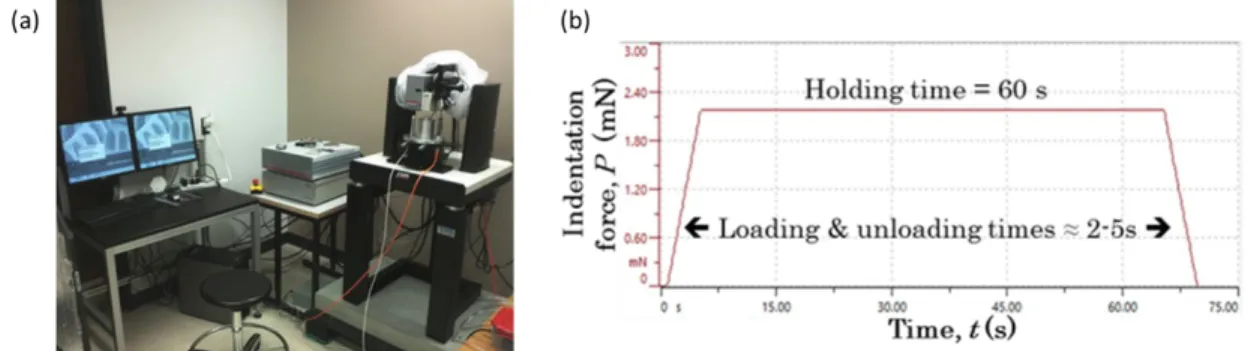 Figure 3.17 a) Appearance of the nanoindentador and accessories and b) controlled force  sequence during the test (courtesy of William Wilson)