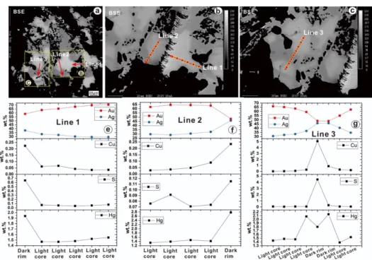 Figure 1- 7 The chemical variation profiles showing the major element (Au and Ag) and minor element (Cu, S,  Hg) contents measured by EPMA on a zoned electrum from the Boliden deposit