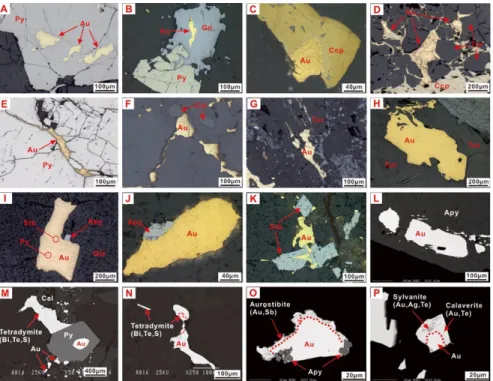 Figure 2- 3 Selected native gold grains with typical textures from various orogenic gold deposits